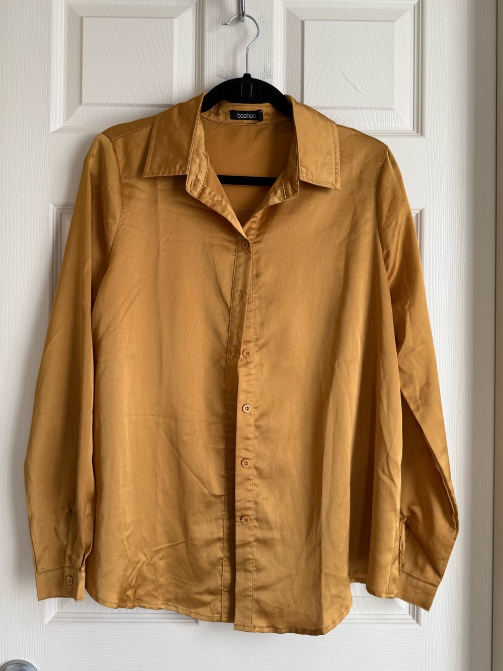 Boohoo Satin Button Up Blouse Mustard Gold Long Sleeve US 6